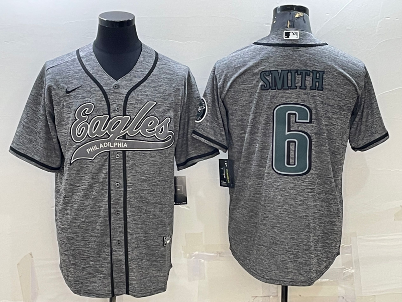 Men's Philadelphia Eagles #6 DeVonta Smith Gray With Patch Cool Base Stitched Baseball Jersey Men's Philadelphia Eagles #6 DeVonta Smith Gray With Patch Cool Base Stitched Baseball Jersey